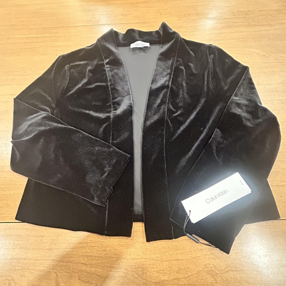Calvin Klein Blazer Womens M Black Velvet Open‎ Front Stretch Unlined Jacket NWT